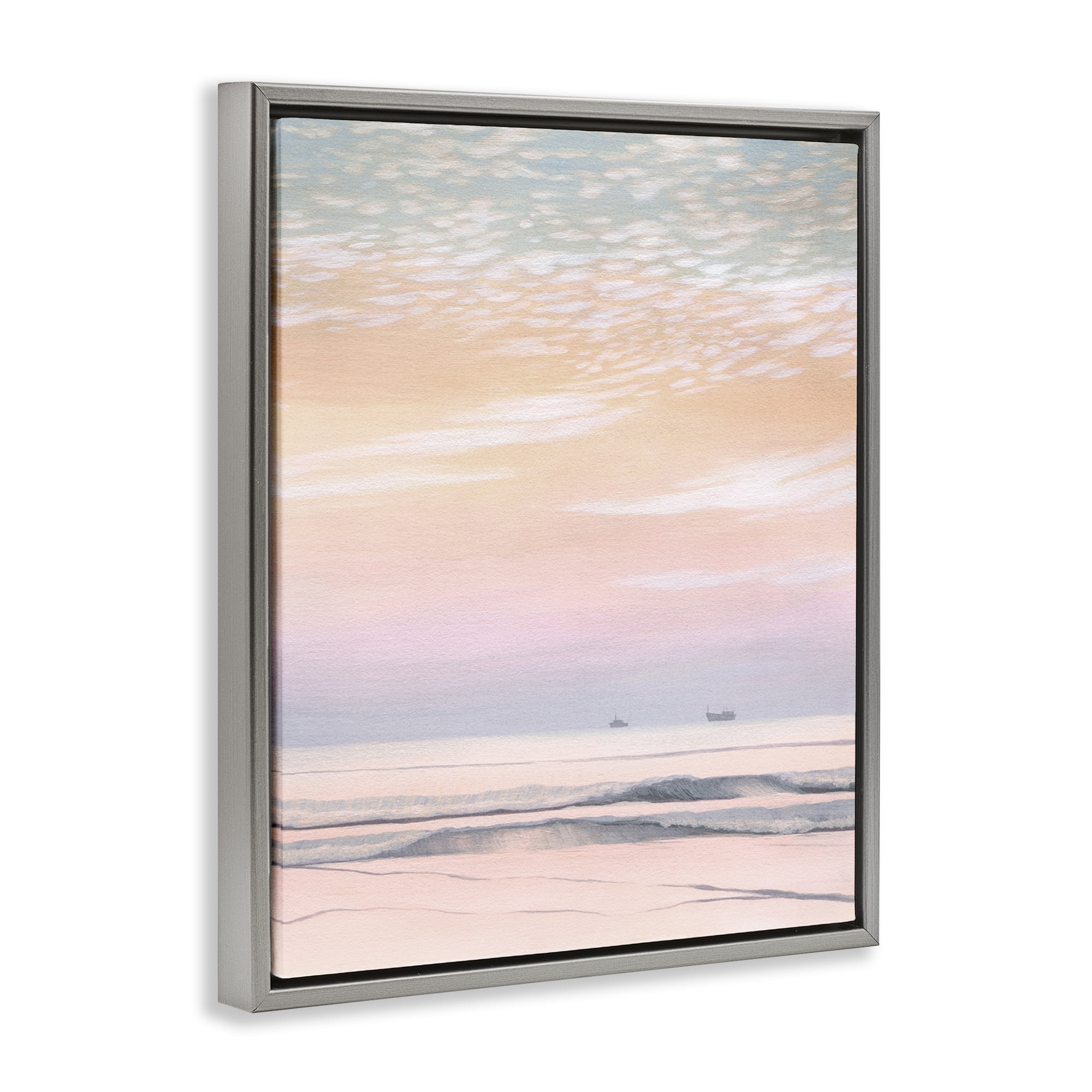 Stupell Industries Distant Ship at Sunrise Nautical & Beach Painting Gray Floater Framed Canvas Art Print Wall Art, 25 x 31