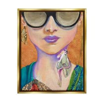 Stupell Industries Woman Wearing Butterfly Insect Jewelry Sunglasses Painting Painting Metallic Gold Floating Framed Canvas Print Wall Art, Design by Stacy Gresell