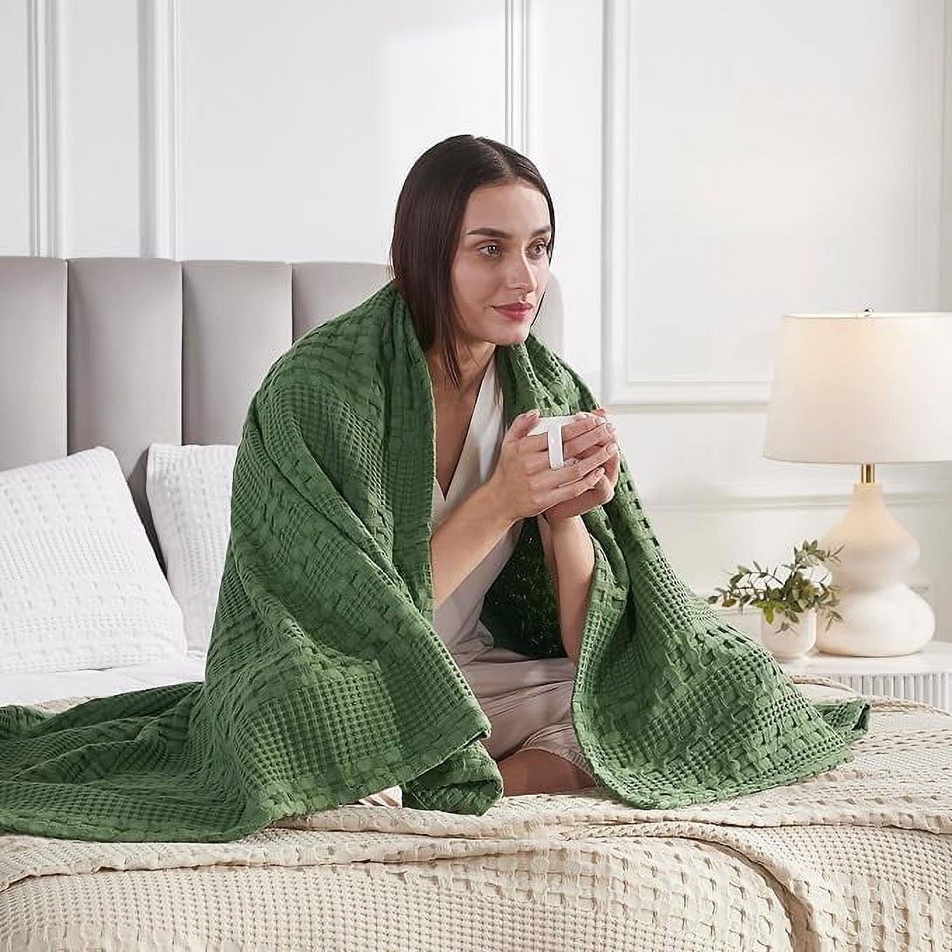 VHC Brands Waffle Weave Olive Green Throw 50x60, Decorative Cotton Throw Blanket, Boho Farmhouse Bedroom, Living Room Decor for Bed, Couch, or Sofa