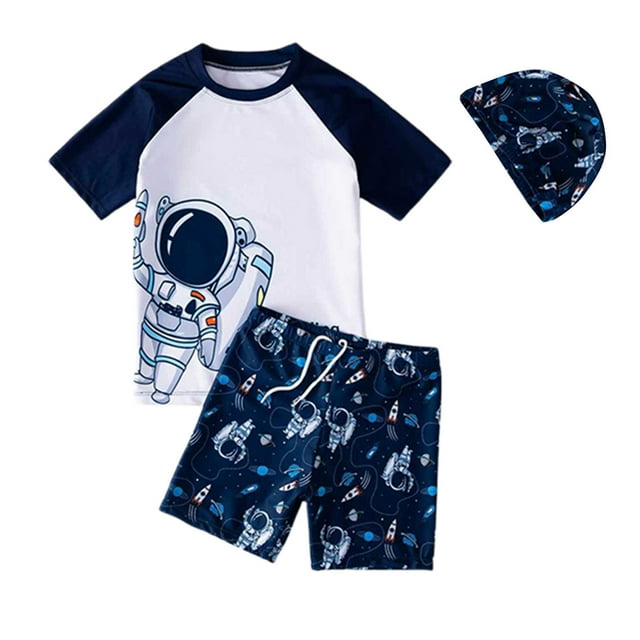 MIASHUI Boys Two Piece Rash Guard Swimsuits Kids Short Sleeve Bathing Suit with Sun Hat,White,6-7 Years