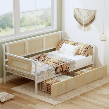 ANCTOR Daybed, Twin Corner Bed Frame with Storage Drawers, Sofa Day Bed with Strong Supports for Living Room, Bedroom, and Guest Room, Rattan Style
