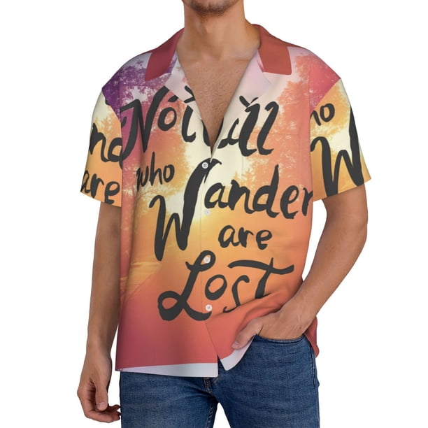 Balery Not All Who Wander Are Lost Camisa Casual de Manga Corta con Botones para Hombre, Texturizada, Estilo Cubano, para Playa, Verano-4X-Large