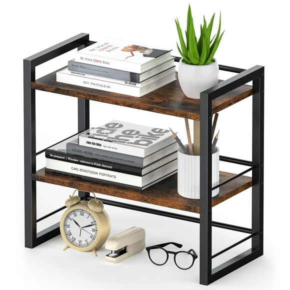 ART-GIFTREE Office Desk Shelf Organizer, Wood Desktop Bookshelf Supplies Storage Rack, Shelf for Top of Desk and Dresser (Brown-2 Tier)