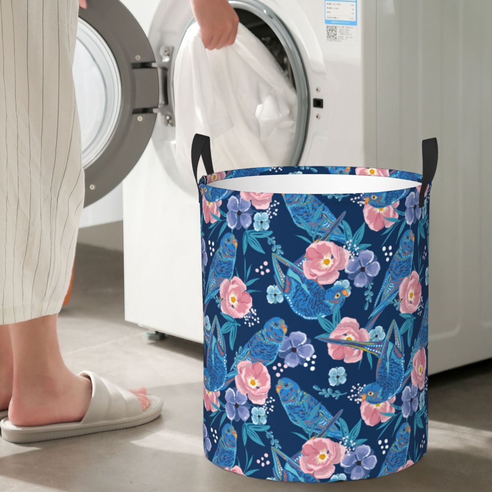 Large Laundry Basket with Handles - Classic Blue Cute Parrot Flower Kids Baby Dirty Clothes Laundry Hamper for Bedroom Aesthetic