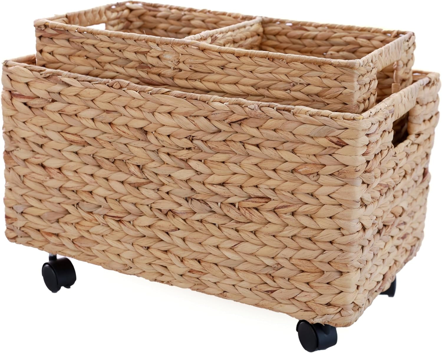 Rolling Wicker Storage Basket Set of 2 – Natural Water Hyacinth & Seagrass Bins on Wheels with Removable Divider & Insert Handles – Nesting Design for Under Desk, Home & Office Organization