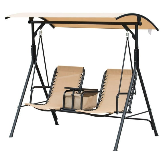2-Person Porch Swing with Canopy - Beige Outdoor Patio Swing - Pivot Table & Cup Holders - Weather-Resistant Steel Frame