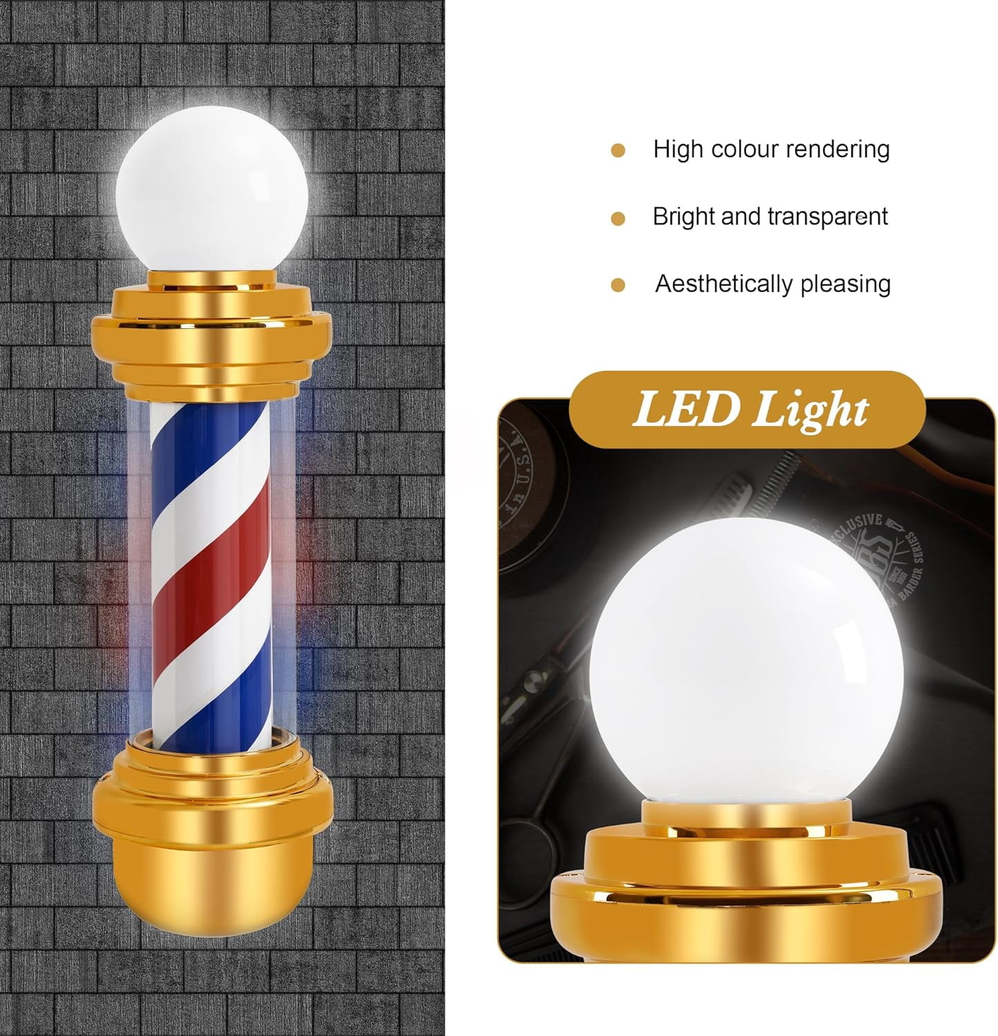 BarberPub Barber Pole with LED, Salon Spa Stripes Rotating Lamp, Barbershop Open Sign L018