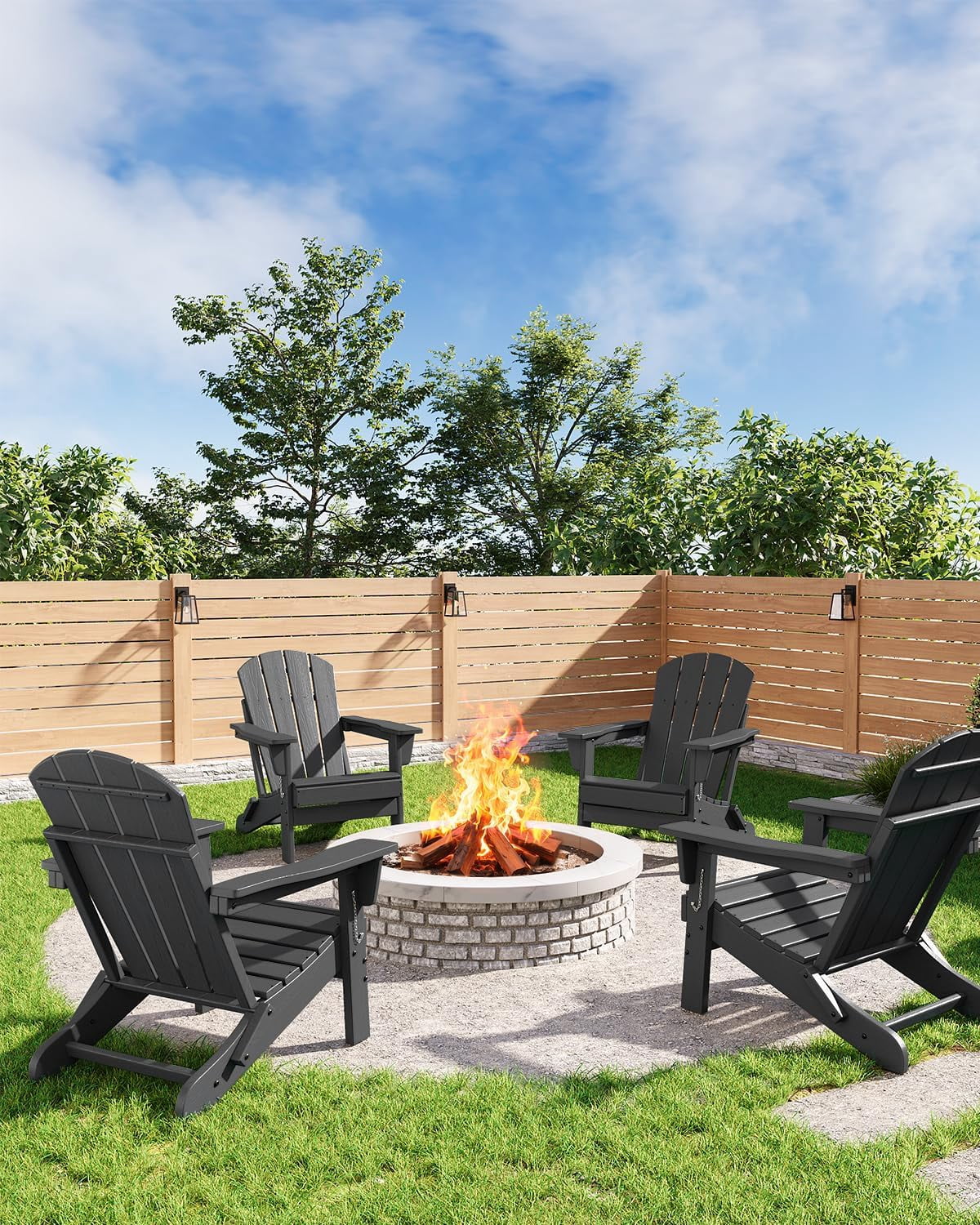 Folding Adirondack Chairs, HDPE Plastic Outdoor Chairs with Wood Texture 380Lbs & Weather Resistant for Fire Pit, Deck, Patio, Pool, Backyard Black