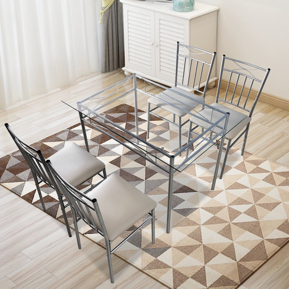 Top S 5 Piece Dining Table Set Modern Gl Padded Seat And Chairs Home Kitchen Room Furniture Silver Top S 5 Piece Dining Table Set Modern Gl Padded Seat And Chairs Home Kitchen Room Furniture Silver