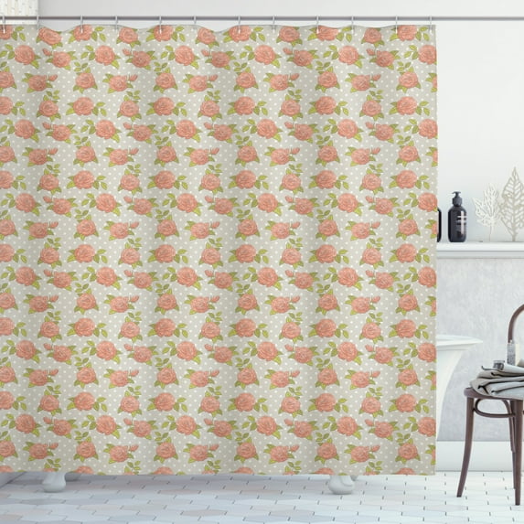 Vintage Rose Shower Curtain, Colored Flower Sketch Print on Polka Dots Background, Fabric Bathroom Set with Hooks, 69W X 84L Inches Extra Long, Dust Peach Avocado Green and Khaki, by Ambesonne