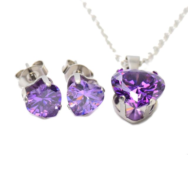 Kit De Cadena Dije Y Aretes en Forma de Corazon Morado Genérico Kitgotadeagualila