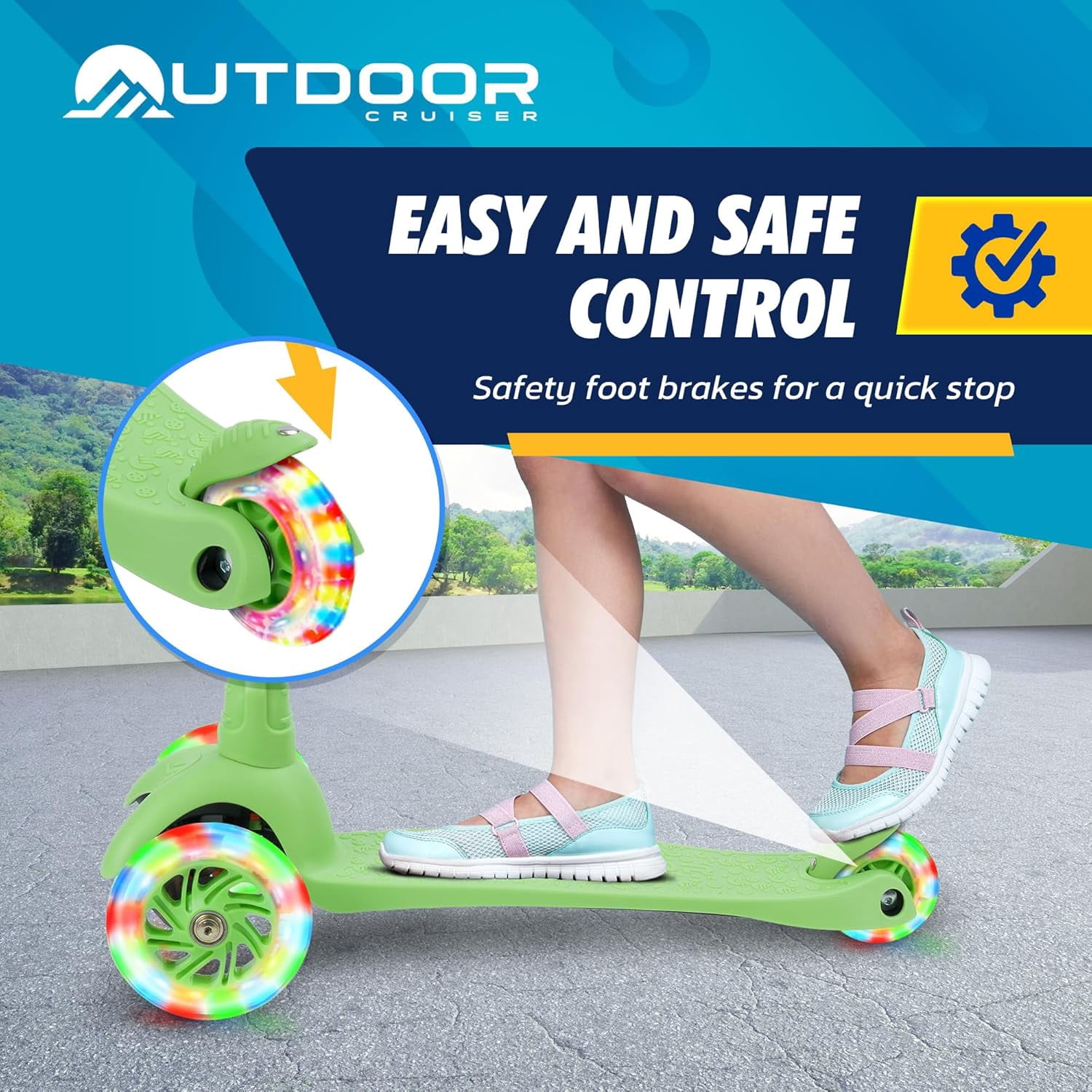 OutdoorCruiser Green 3-Wheel Kids Scooter – Lean-to-Steer, Wide Deck, LED Wheels, Adjustable T-Bar, 150 lbs Capacity