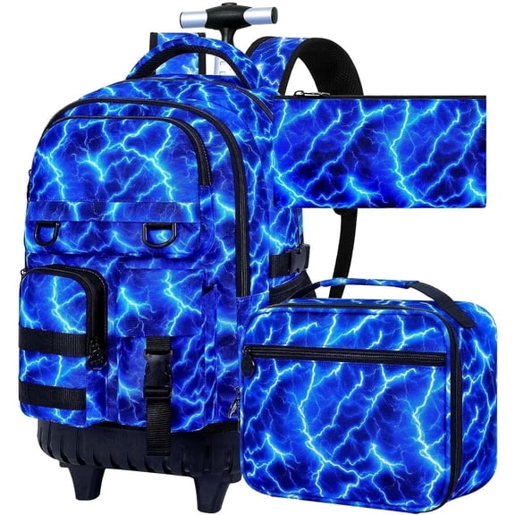 Rolling Backpack for Boys, 3Pcs Roller Wheeled School Bookbag, Lightning Wheels Backpacks with Lunch Box for Kids (Blue)