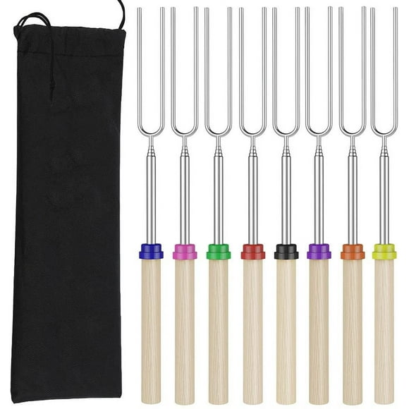 Bâtons de Rôtissage Extensibles en Forme de Guimauve - Ensemble de 8 Brochettes Télescopiques Smores et Fourchettes Hot-Dog avec Poignée en Bois pour Foyer Feu de Camp - Trousse BBQ en Acier Inoxydable de 32 Pouces pour Camping Extérieur