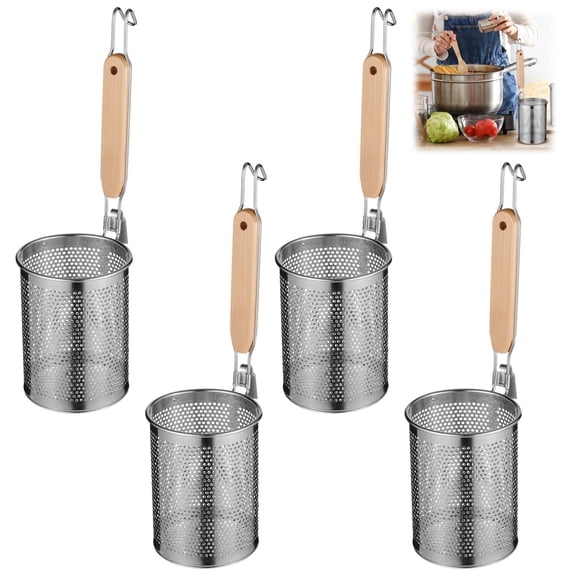 4 Pcs Stainless Steel Pasta Strainer Set – Noodle & Dumpling Blanching Baskets with Wood Handles, Large Mesh Kitchen Tool Set for Draining, Steaming & Boiling, Dishwasher Safe