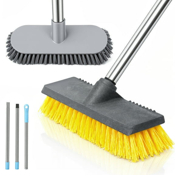 Floor Brush, Hard Wide Broom With A Replaceable Brush Head, Hard Bristle Broom for Bathroom Yard Outdoor, Push Broom with Long Stainless Steel Handle for Patio, Deck, Garden
