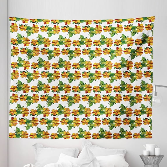 Fall Colors Tapestry, Autumn Ornament Blooming Flowers Nature Themed Illustration Print, Fabric Wall Hanging Decor for Bedroom Living Room Dorm, 5 Sizes, Green Orange and White, by Ambesonne