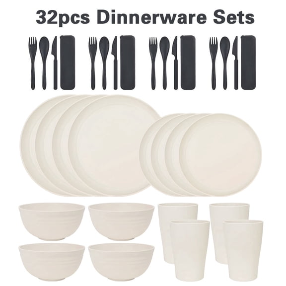 Innovative Life Wheat Straw Dinnerware Set, Service for 4, 32PCS Unbreakable Plastic Plates and Bowls Sets, Dishwasher Microwave Safe, White
