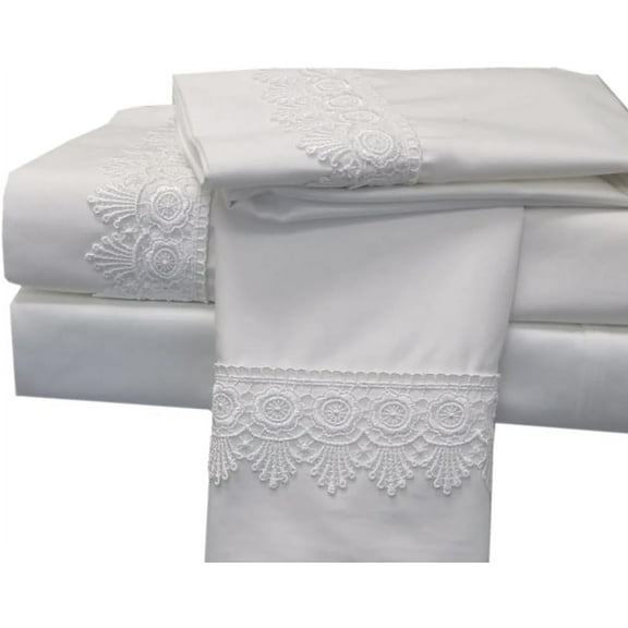 Sheetsnthings Made in USA- Soft Cotton Bed Sheets, Embroidered White Alejandra Queen Size Sheet Set