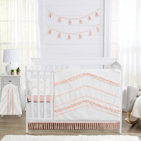 Sweet Jojo Designs Boho Fringe Blush Pink and White Crib Bedding + BreathableBaby Breathable Mesh Liner Pad