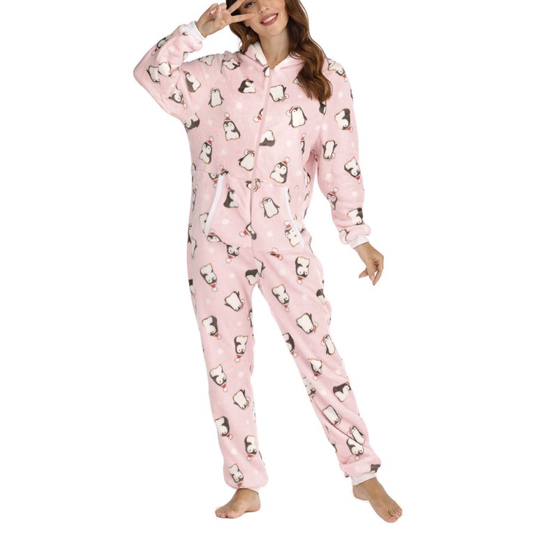 Women's Warm Fleece One Piece Penguin Print Hooded Pajamas, Adult