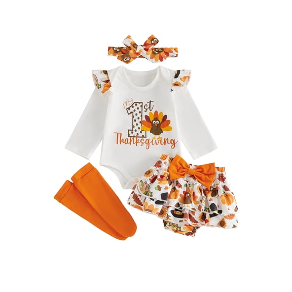 RUINIXCW Newborn Baby Girl My First Thanksgiving Outfit Infant Baby Girl Fall Winter Clothes Cute Turkey Letter Print Long Sleeve Jumpsuit and Skirt Skort Socks Headband Set