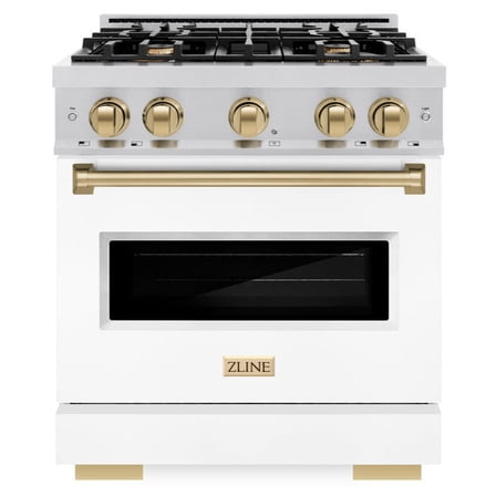ZLINE Autograph 30" 4.2 cu. ft. Classic Dual Fuel Range with 4 Burners in Stainless Steel with White Matte Door and Champagne Bronze Accents, CDRZ-WM-30-CB