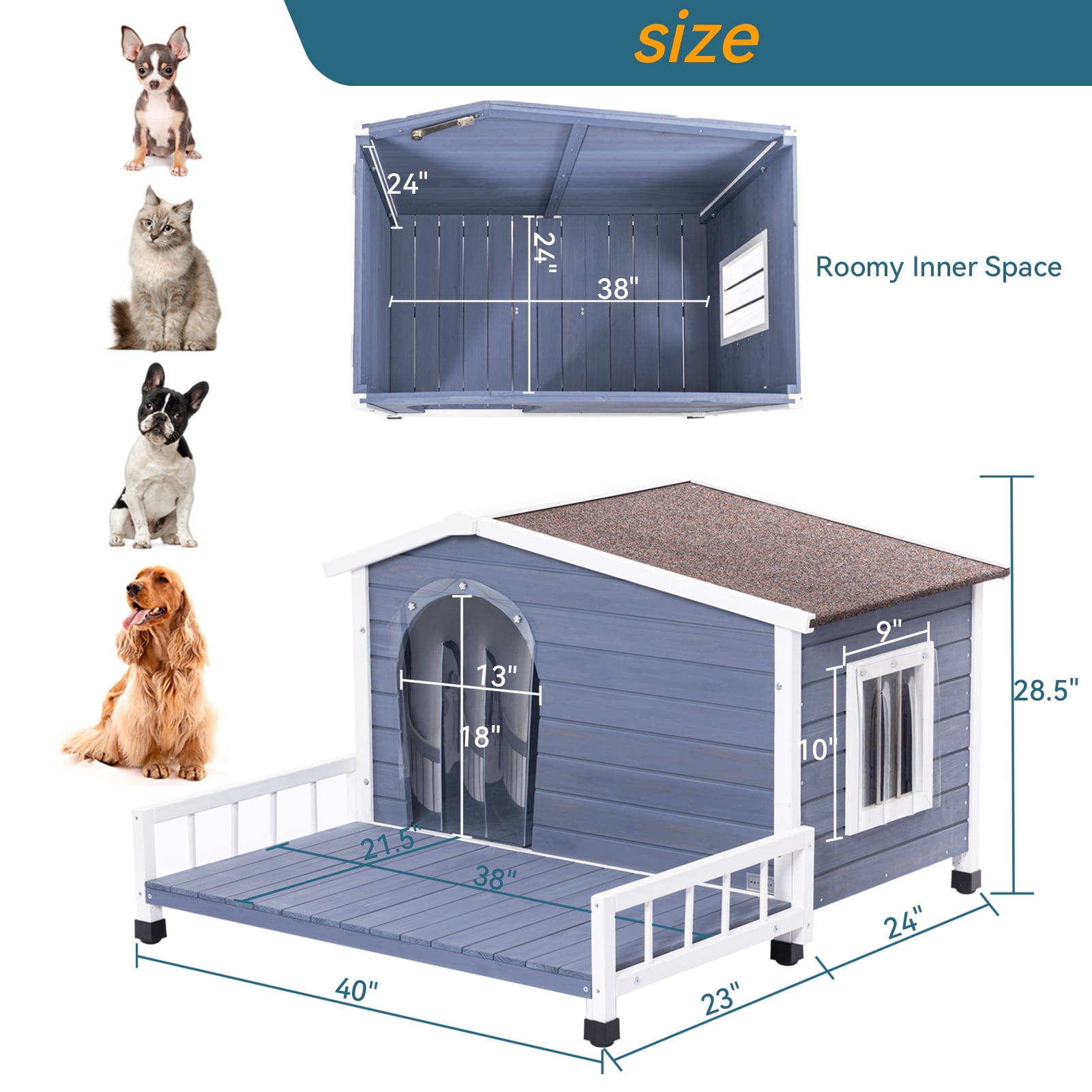 Noaman Large Wooden Dog House Indoor Outdoor with Terrace, Waterproof Asphalt Roof, Raised Floor & Windows, Grey, 45"L x 54"W x 33"H for Small & Medium Dogs
