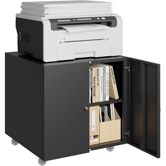 Small Space Printer Stand with Doors, Mini Fridge Stand for Laundry, 3D Printer Stand with Storage, Low Printer Table, Modern Under Desk for Home Office, Small Carts for Scanner, Fax