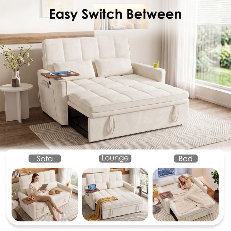 Anpport 3‑in‑1 Convertible Sleeper Sofa Bed, Pull‑Out Sofa with Side Desk, USB Ports, Cup Holders, Storage Armrests & Adjustable Backrest for Living Room Apartment, Green