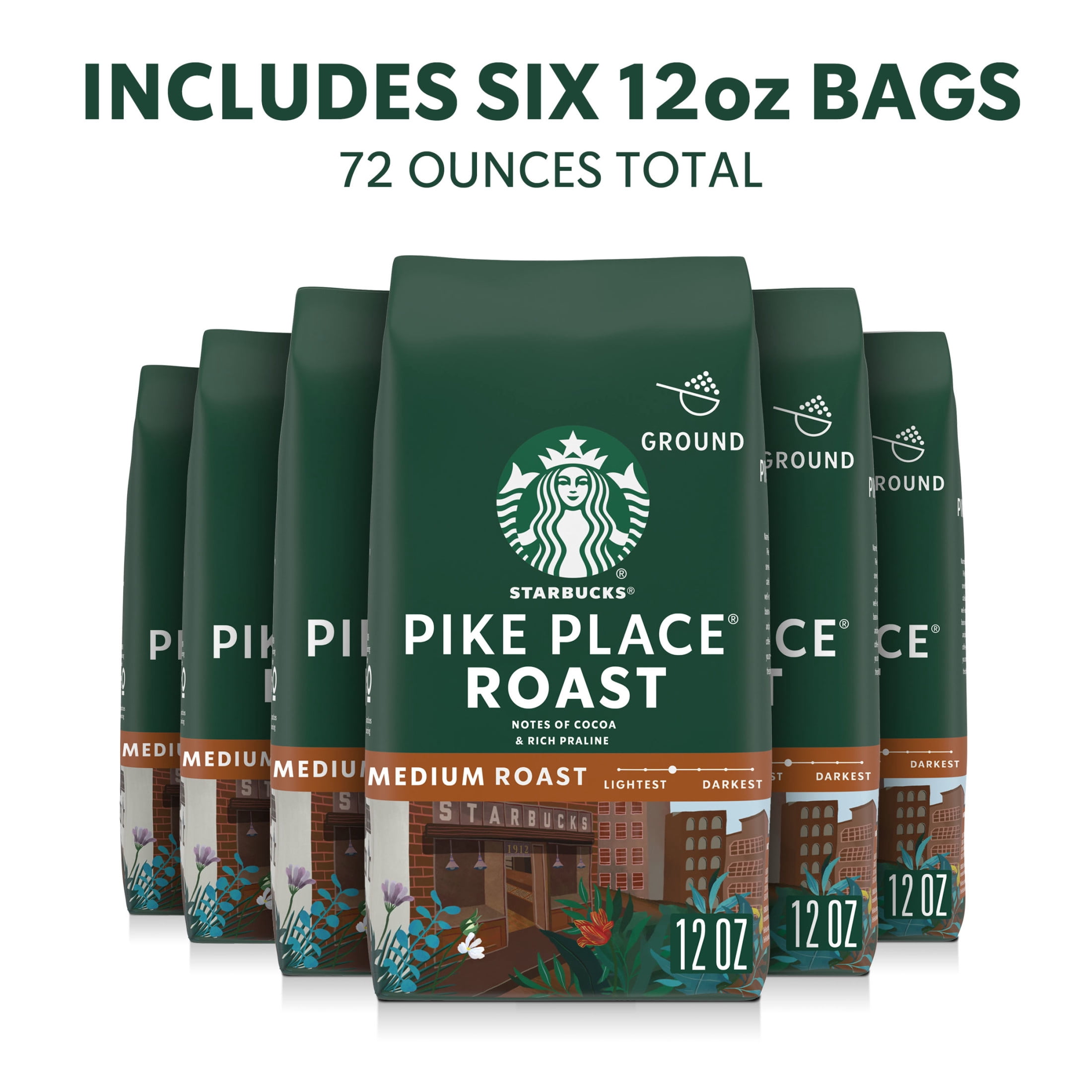 (6 pack) Starbucks Pike Place Roast, Ground Coffee, Medium Roast Hot or Iced Coffee, 12 oz (6 Bags)