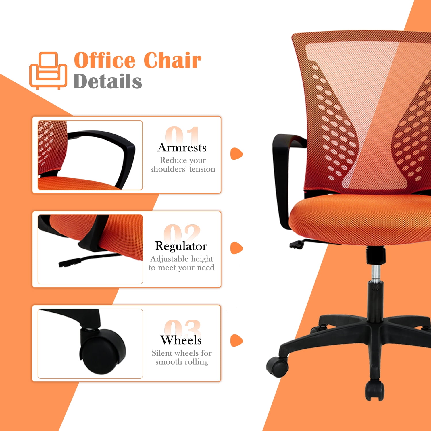 Mesh Office Chair Ergonomic Desk Chair w/Comfortable Seat Lumbar Support, Adjustable Mid Back Rolling Task Computer Chairs for Adults, Orange