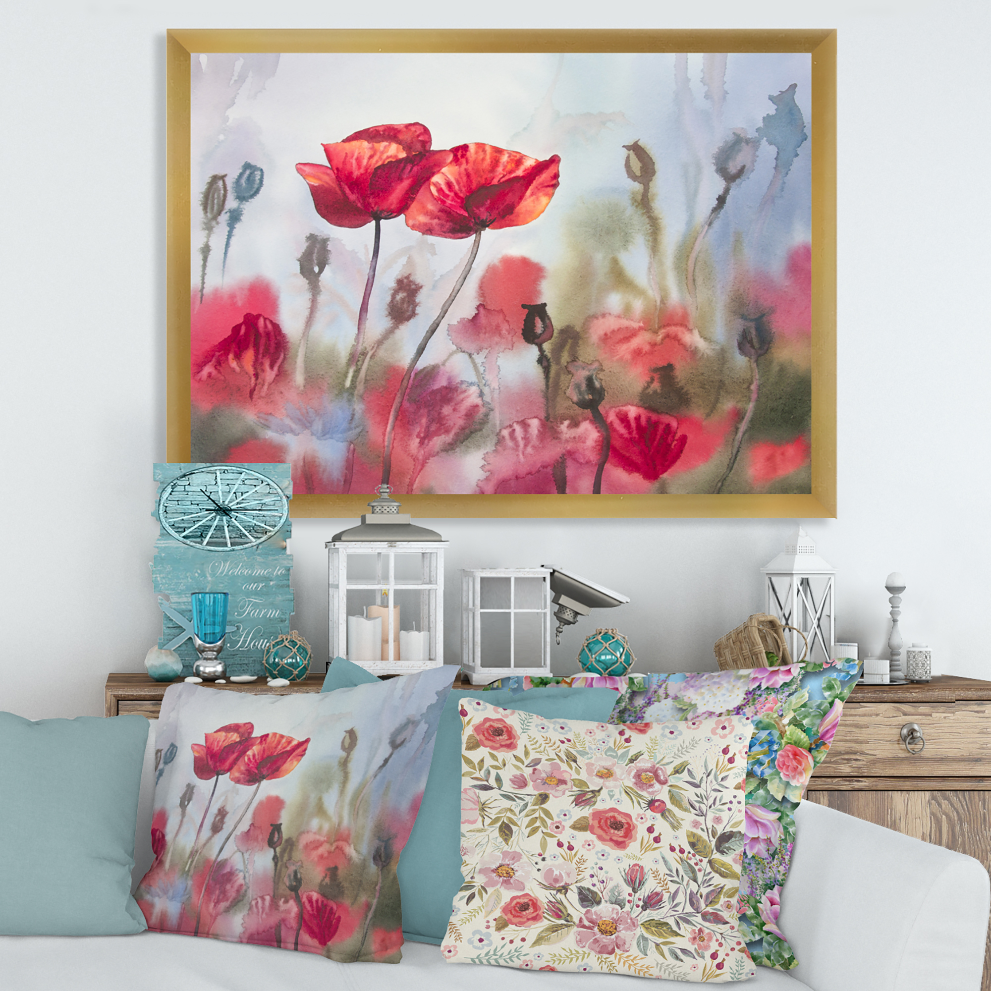 Designart 'Blossoming Red Poppies In The Meadow' Traditional Framed Art Print