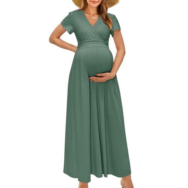 Vestido largo de maternidad OUGES, cuello en V, cuello en V, gris y verde