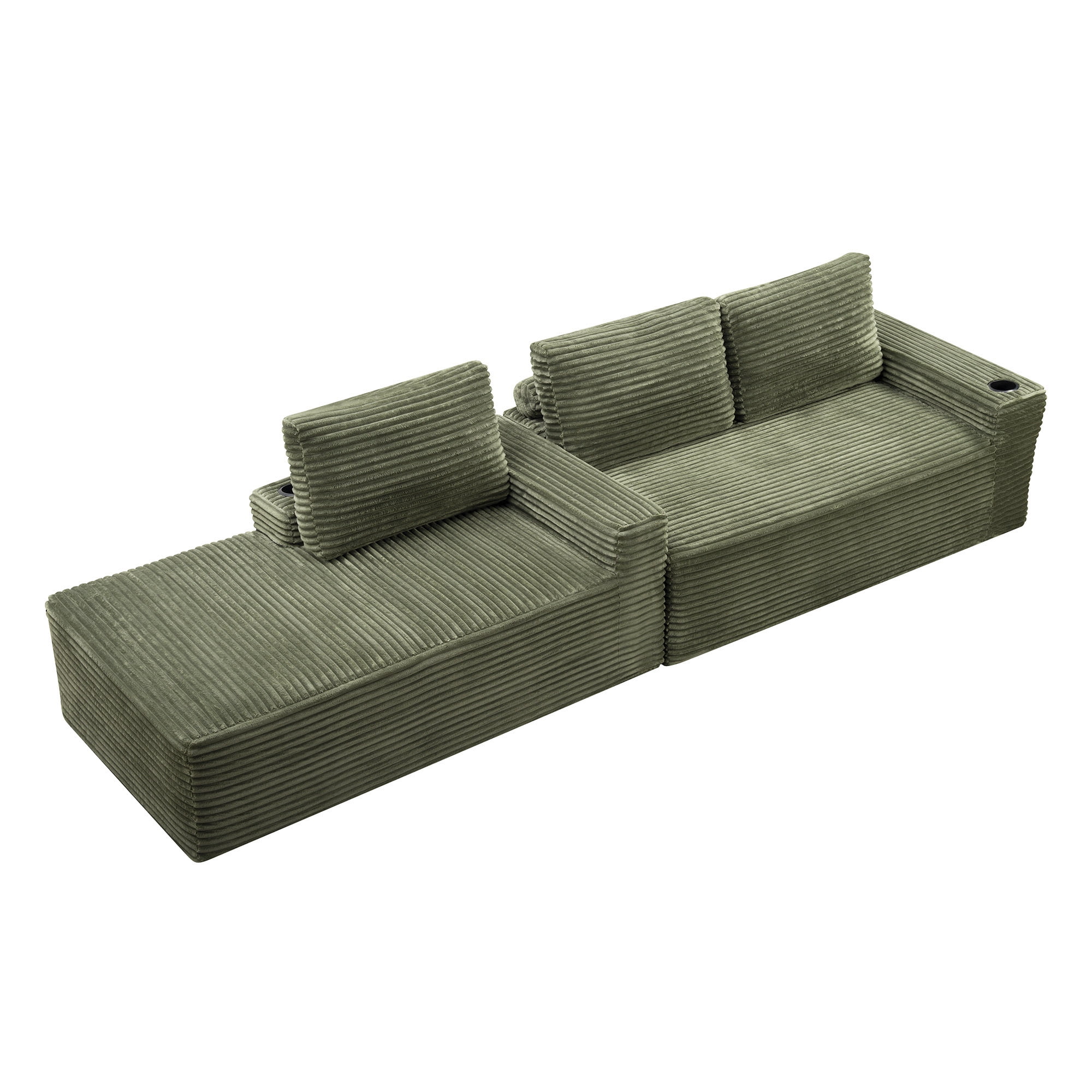 AISWORD 104.3" L-Shaped Modular Sectional Sofa, Corduroy 4-Seater Cloud Couch with Cup Holders & Side Pockets, Boneless Upholstered Sofa, No Assembly, Green, Left-Facing Chaise