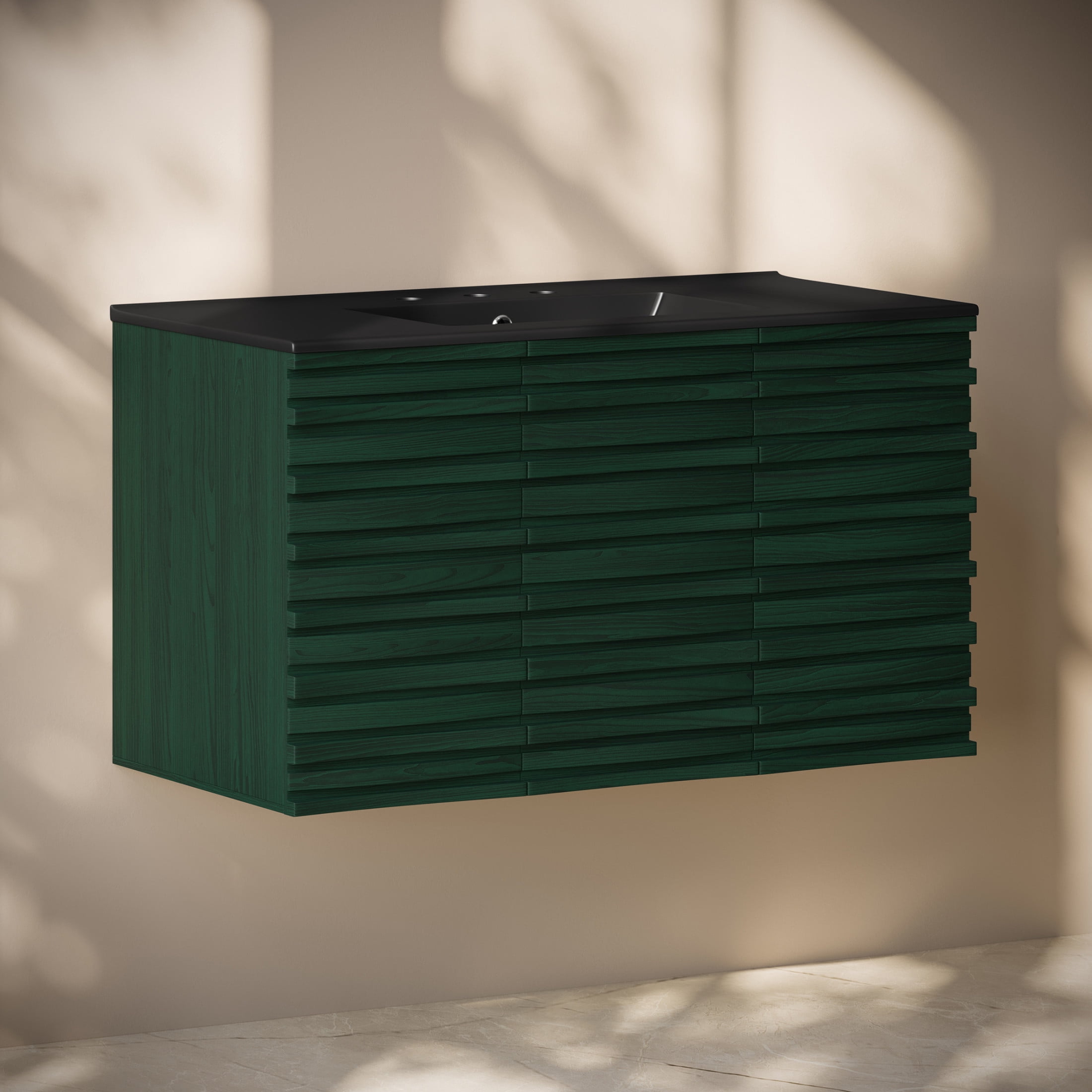 Cascade 36" Wall-Mounted Bathroom Vanity in Green Oak with Black 3-Hole Widespread Sink Top