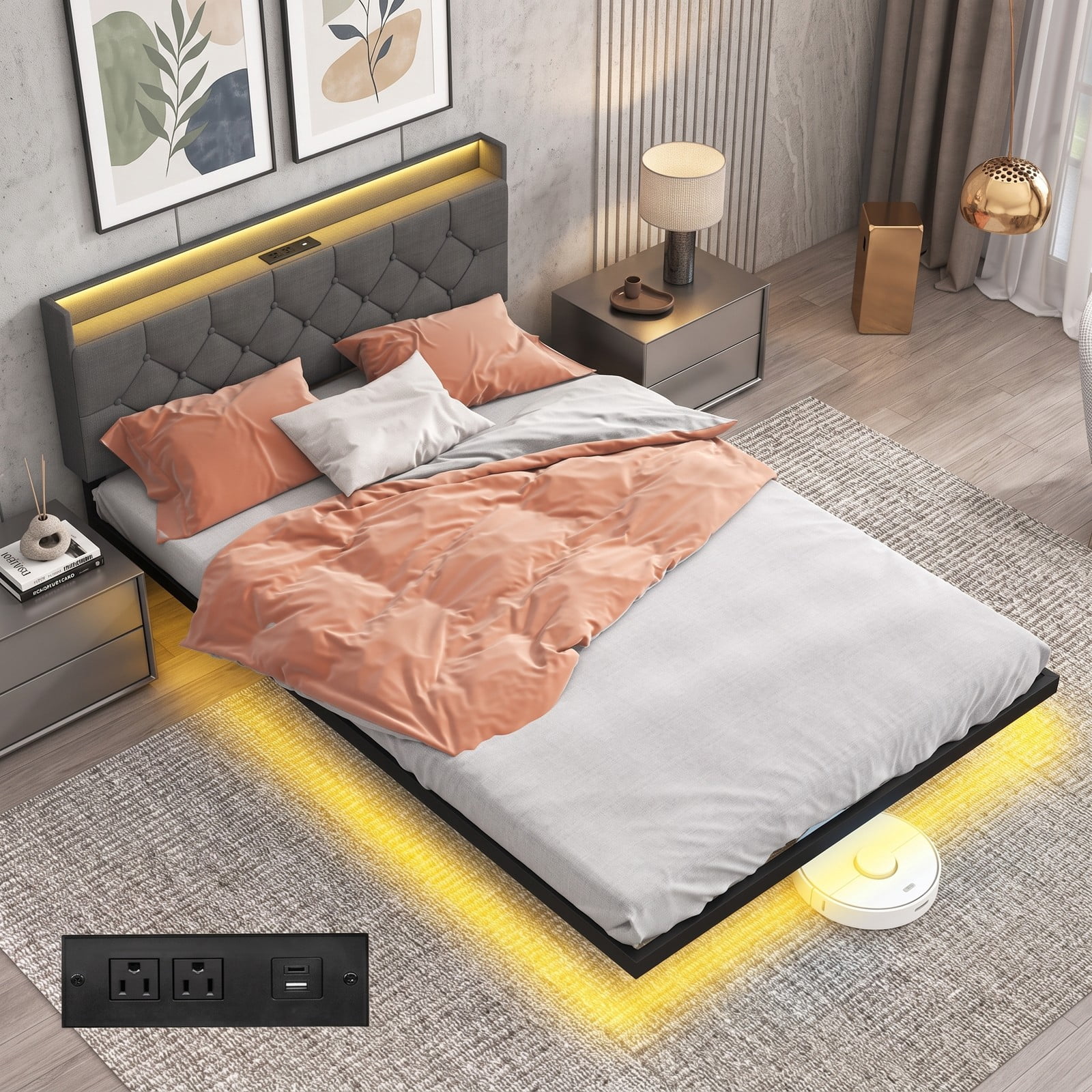 Furnibear Queen Bed Frame with Storage, Upholstered Floating Platform Bed with LED Lights, Storage Headboard and Charging Station, Gray