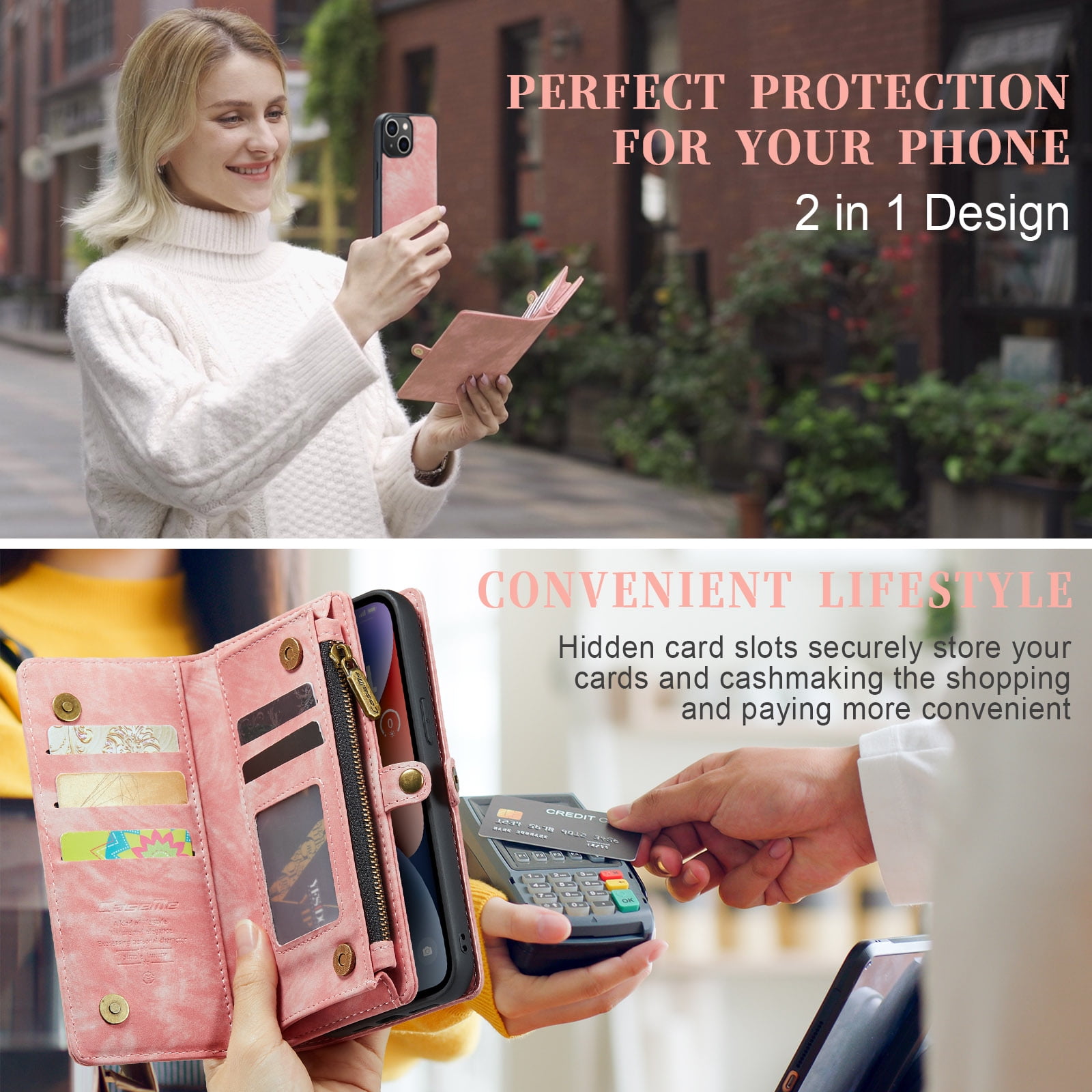 Samsung Galaxy A53 5G Wallet Case for Women Men, Dteck Heavy Duty PU Leather Flip Case Detachable Phone Cover with 8 Card Slots Zipper Purse with Wrist Strap for Samsung Galaxy A53 5G,Pink