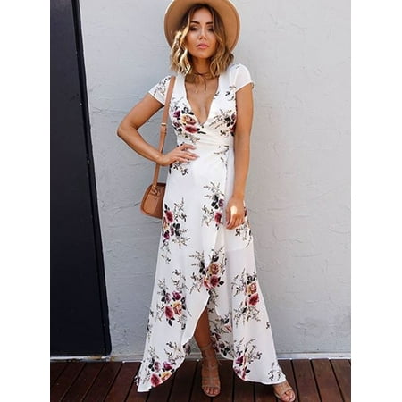 Maggy London Chiffon Dress - Coxeer Summer Soft Chiffon Dress Beach Split Dress V Neck Floral Printed Maxi Dress Casual Dress Beach Long Dress Skirts Holiday Wear for Ladies Women Girls