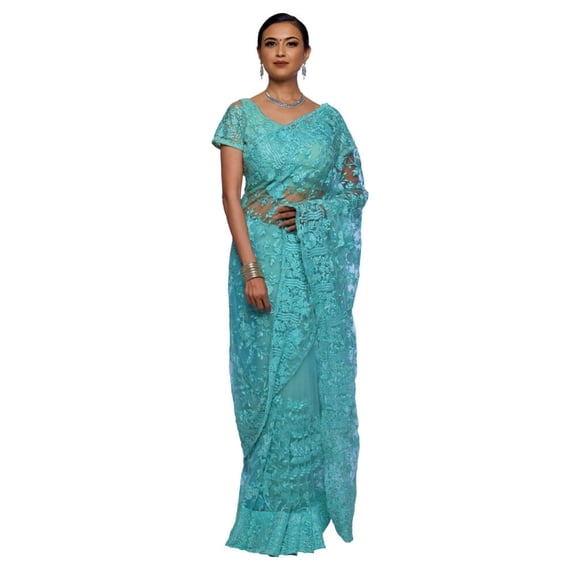 Lightweight Net saree with embroidery and diamond work Size: XXS, Color: Green