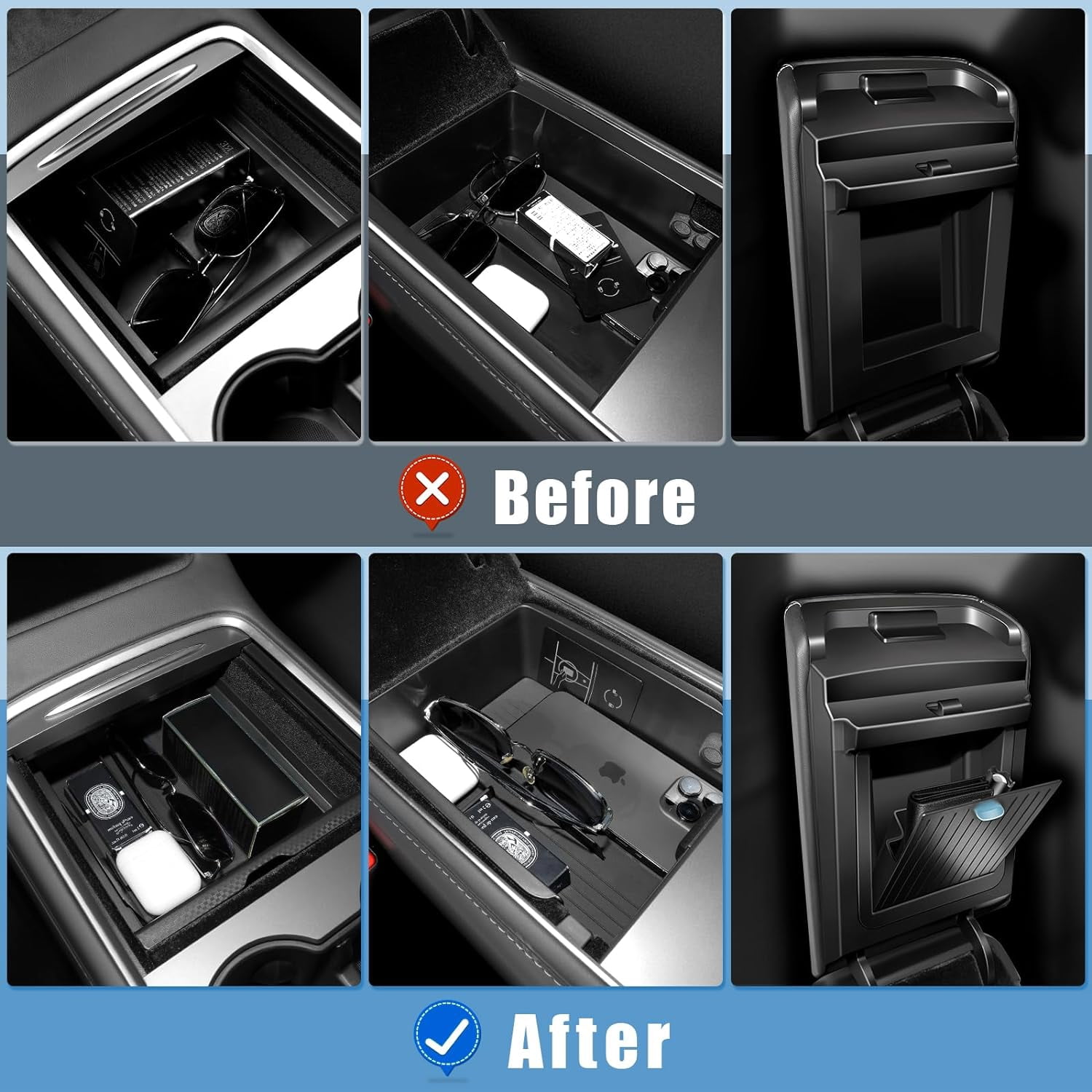 XINTUO 5Pcs Tesla Model Y Center Console Organizer Tray with Armrest Drawer & Cup Holders 2021-2025(Not for Model 3 2024)