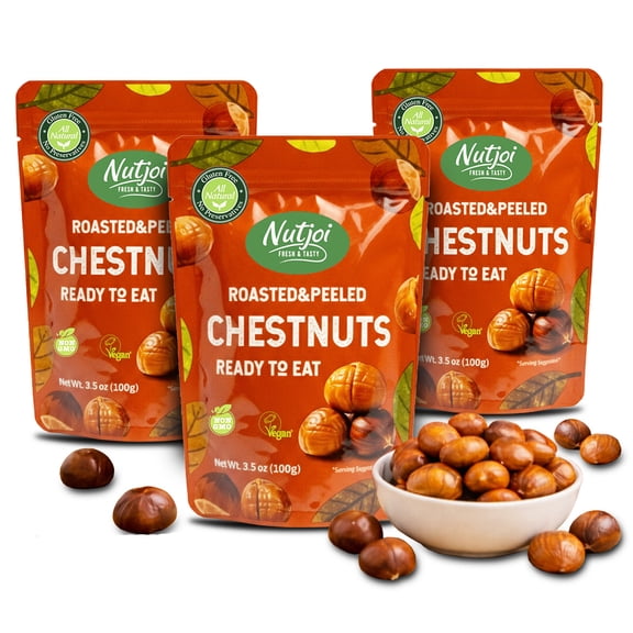 NUTJOI Roasted Chestnuts Ready to Eat, Peeled & Cooked Whole Chestnuts, Vegan & Gluten-Free Snack, 3.5 oz (Pack of 3)