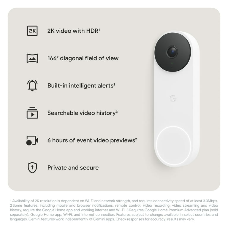Google Nest Doorbell Wired 3rd Gen, 2K HDR Video, Works with