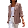 thumbnail image 4 of LEKODE Cotton Linen Single Button Notched Lapel Loose Fit 3/4 Cuffed Sleeve Womens Casual Suit Outerwear Rose Gold XL, 4 of 6