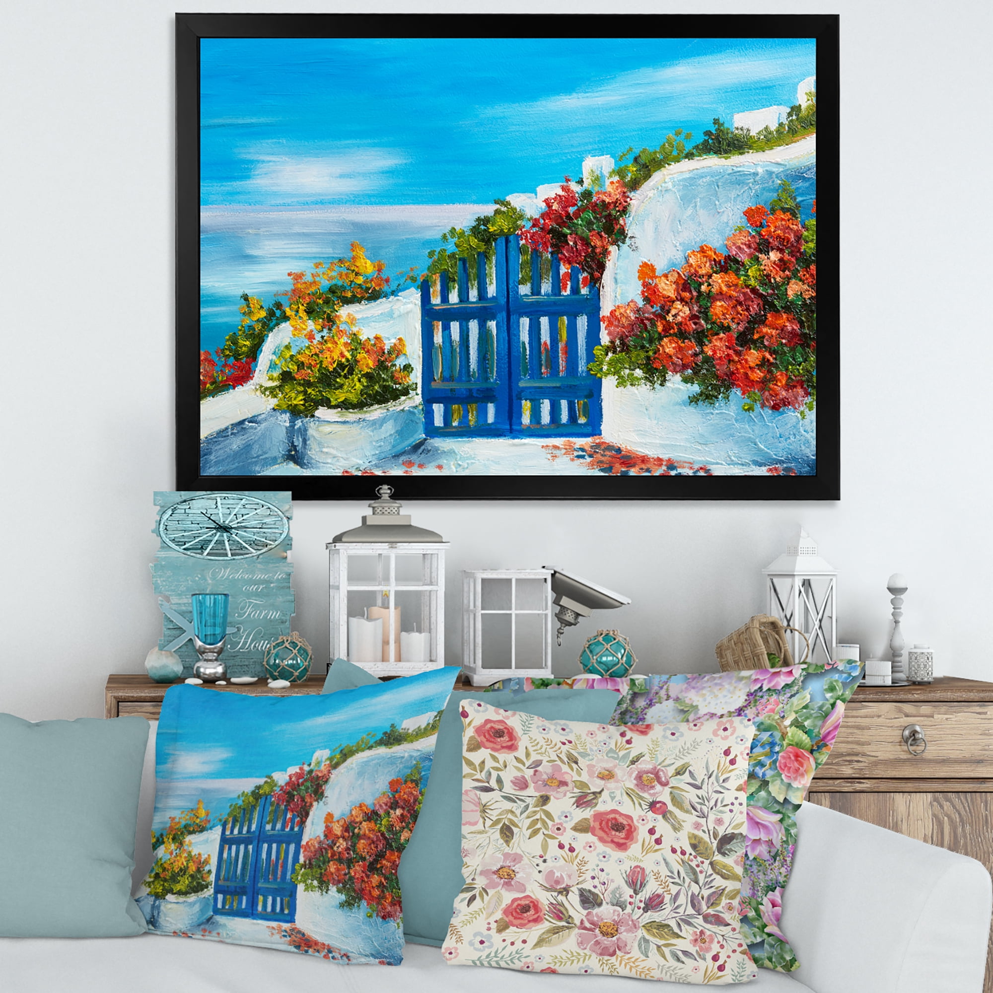 Designart 'House With Colorful Flowers Near The Sea III' Nautical & Coastal Framed Art Print