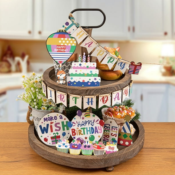 Set de Fiesta de Cumpleaños, Bandeja de Madera con Capas, Diseño de Globos y Cintas, Manualidades de Madera para Mesa, Decoración Del Hogar, Artículos para Fiestas, Regalo Exquisito, 18 X 11 X 4 Cm.