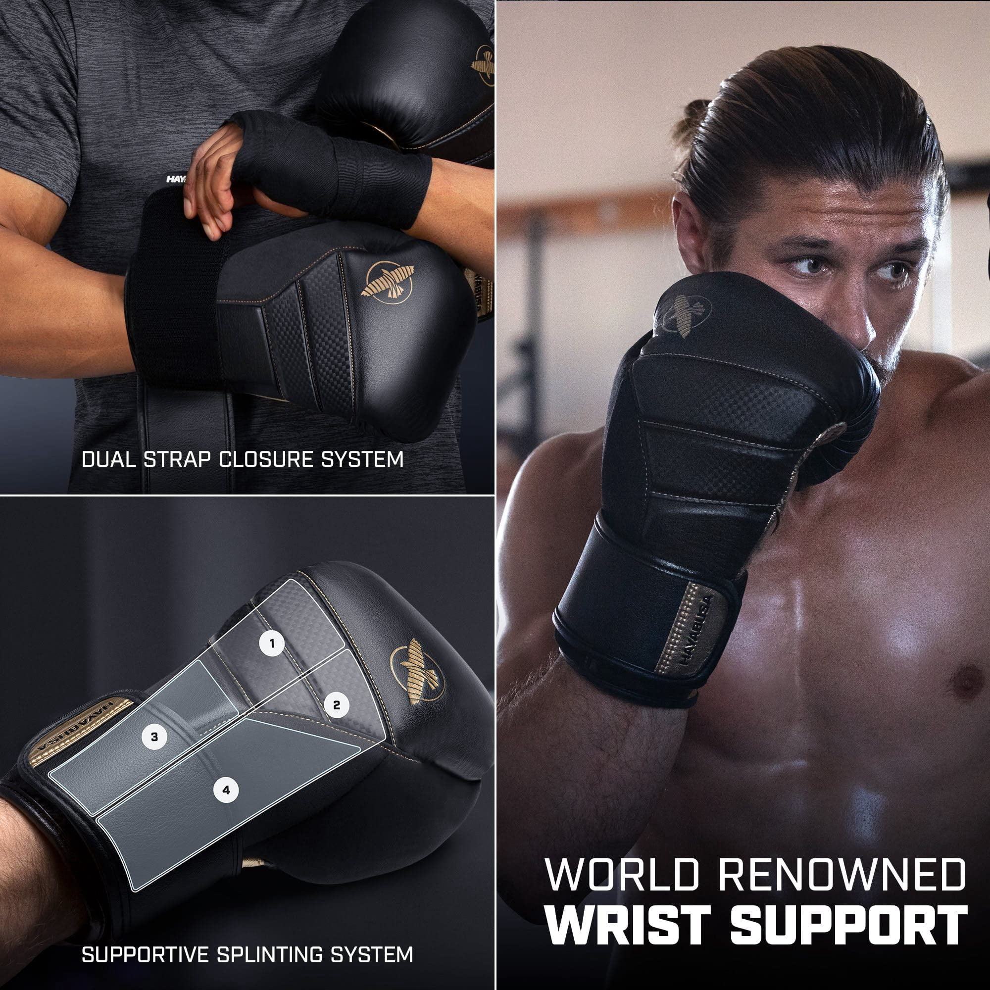 Hayabusa T3 Boxing Gloves for Men and Women Wrist and Knuckle Protection, Dual-X Hook and Loop Closure, Splinted Wrist Support, 5 Layer Foam Knuckle Padding - Black/Gold, 14 oz