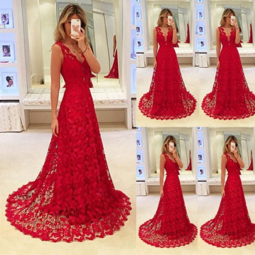 Women Long Lace Maxi Dress Wedding Evening Ball Gown Bridesmaid Formal Prom Chic 