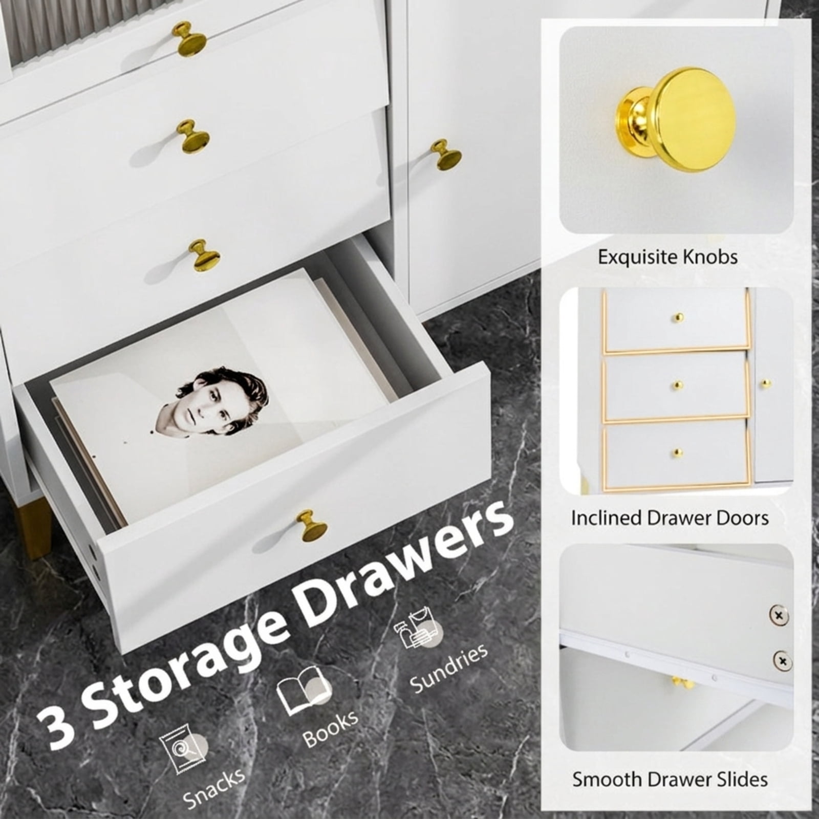 Furnibear Chest of Drawers with Flip Up Fluted Glass Door 3 Drawer Storage Cabinet Dresser for Bedroom Living Room Kitchen, Gray