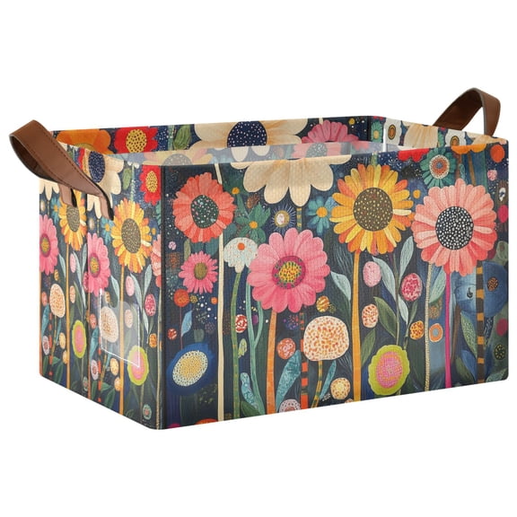 Yayeee Foldable Storage Basket for Shelves with Handles Waterproof Cloth Bins, Large Colorful Flowers